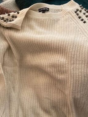 Express Cream Crewneck Sweater with Shoulder Studs